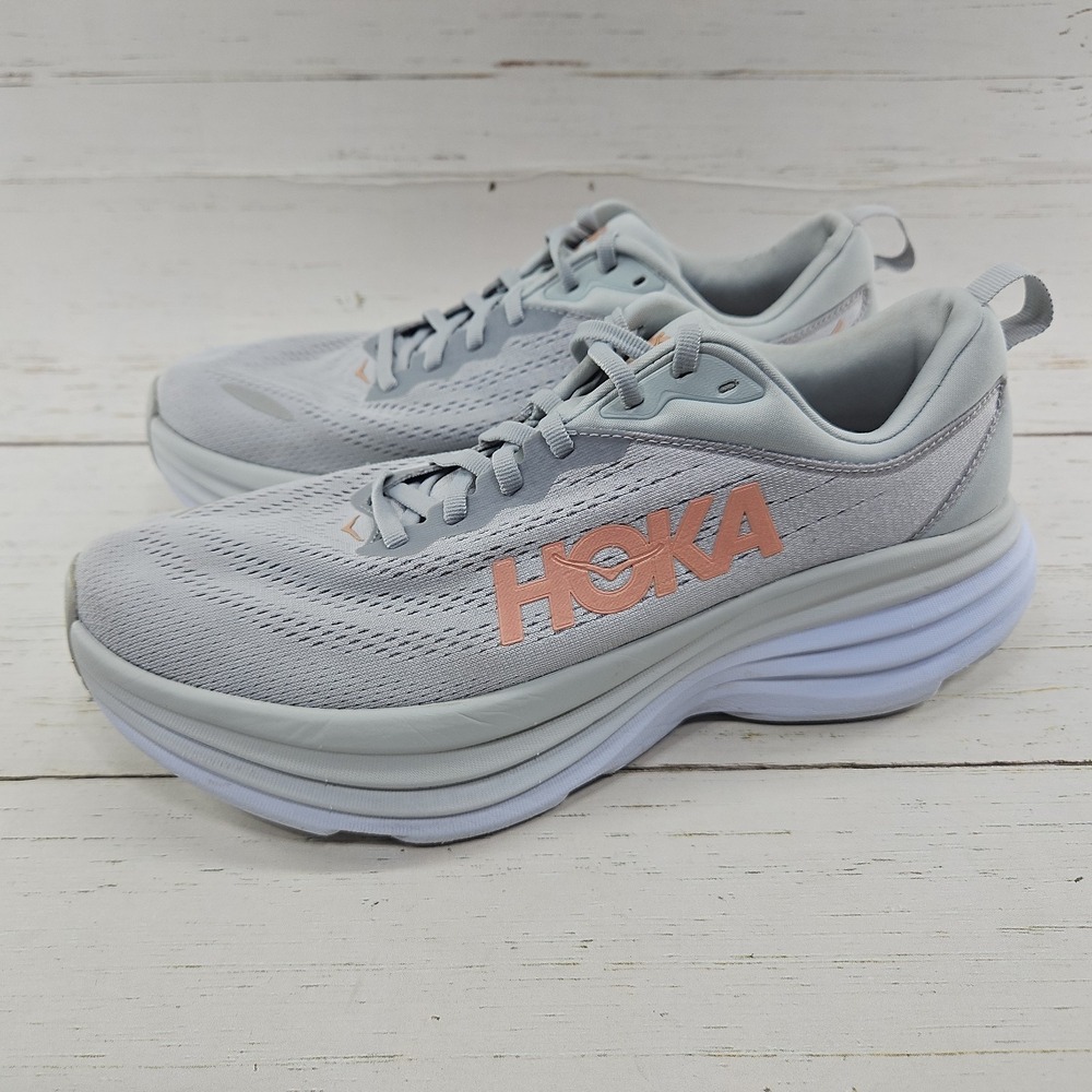 Hoka One One Bondi 8 Womens Size 9.5 B Gray White Athletic Running Shoes Sneaker